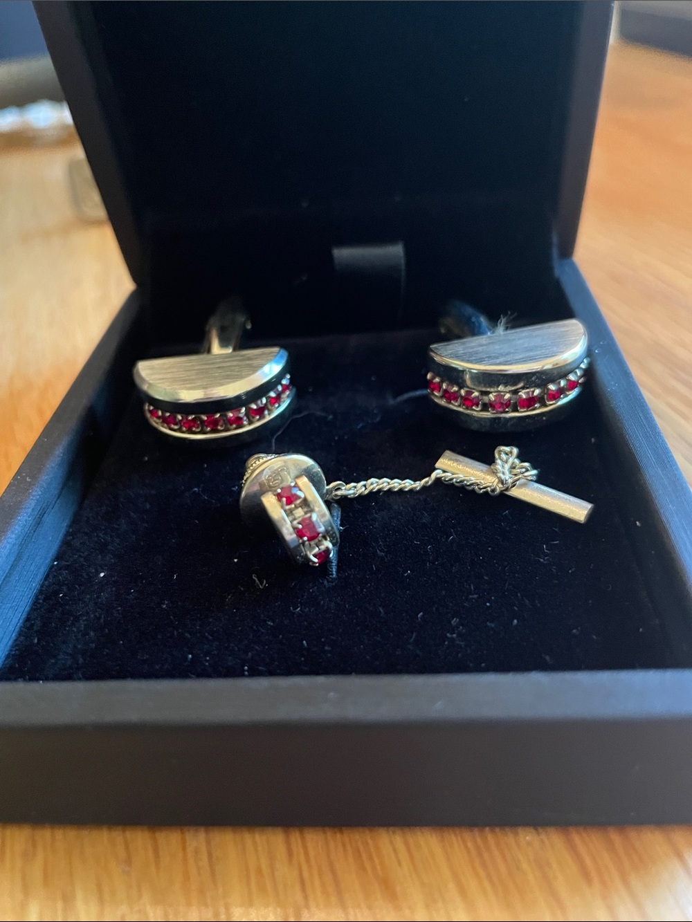 Silver Cufflinks and Tie Tack with Red Stones